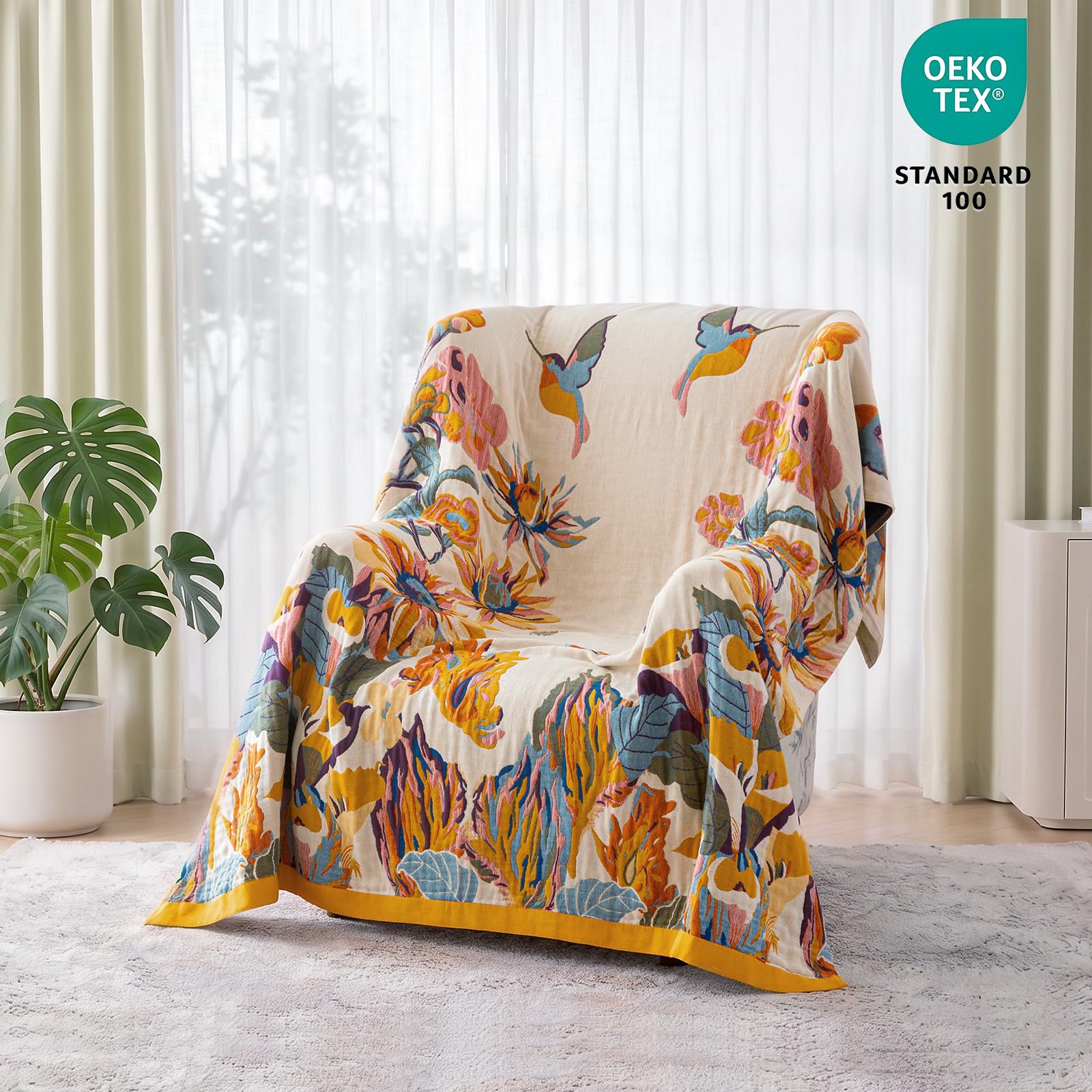 MSGKV Boho Throw Blanket 50"x60" Cotton Throw for Couch Sofa, Floral Quilt