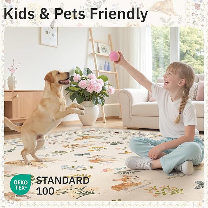 Soalmost Dog 9x12 Area Rugs for Living Room, Washable Animal Soft Rug Beige