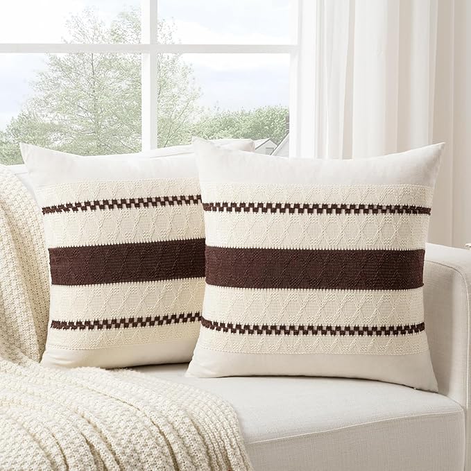 Fancy Homi Set of 1 Boho Brown Decorative Throw Pillow Cover 18x18 Inch for Couch Bed Sofa, Aesthetic Modern Organic Farmhouse Home Decor, Soft Cotton Cute Accent Macrame Woven Cushion Case