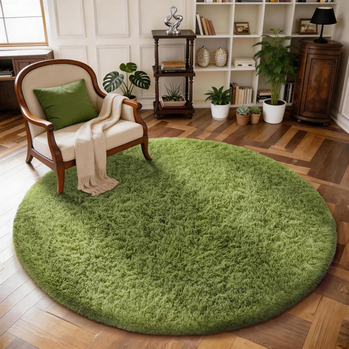 Ophanie Round Rug 5Ft White Circle Area Rug, Aesthetic Room Decor, Fluffy Fuzzy Bedroom Carpet, Plush Soft Shaggy Living Room Rugs for Kids Home Decor, Nursery with Over 99 pcs Pile fibers