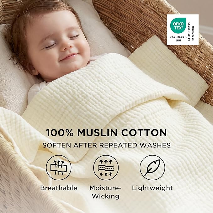 Bedsure 100% Cotton Muslin Blankets for Adults Large Throw 50x70 Inches - 4-Layer Breathable and Lightweight, Soft Boho Gauze Muslin Cotton Blanket for Couch Decor Travel Summer, Cream