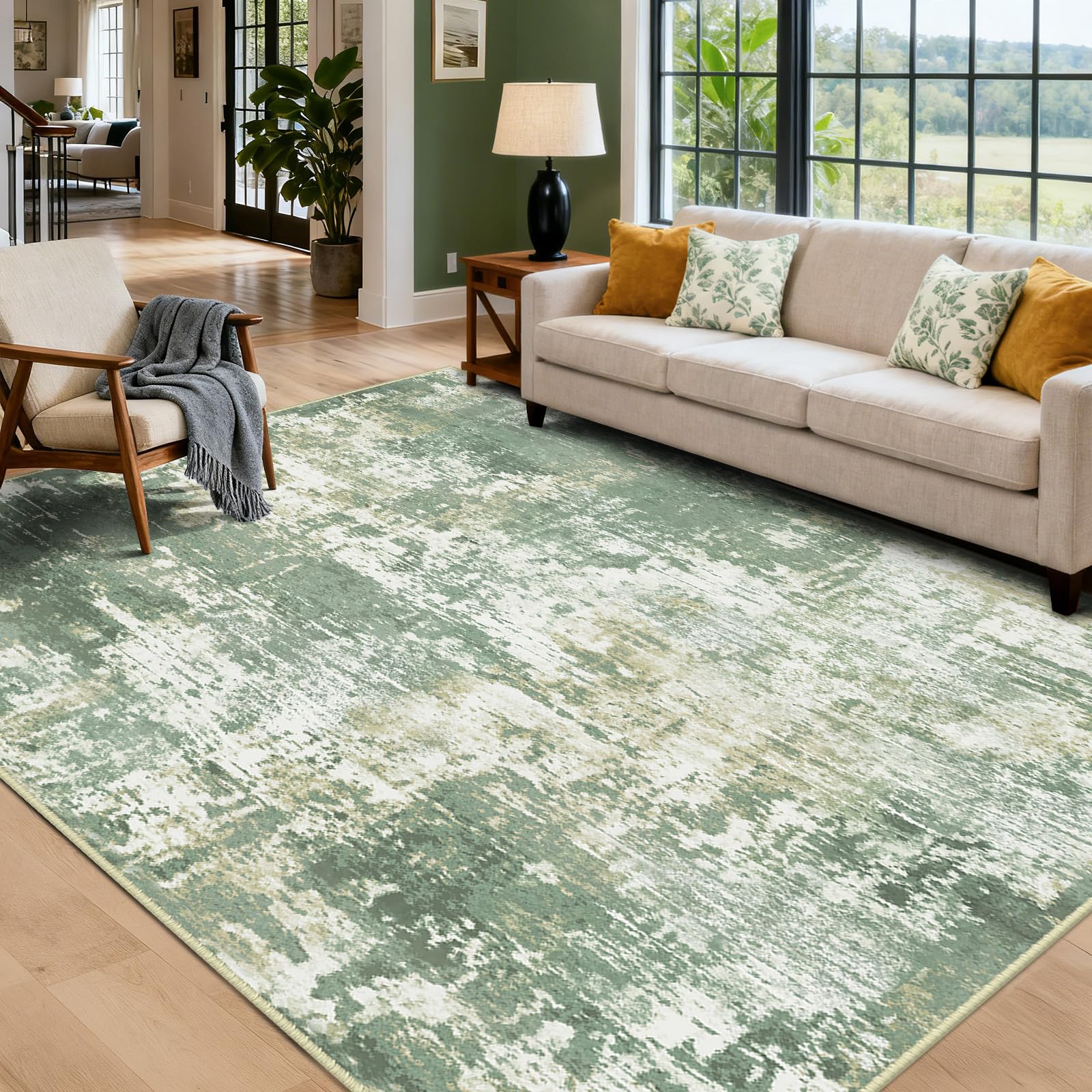 RELEANY Washable 5'x7' Abstract Area Rug for Living Room Light Green