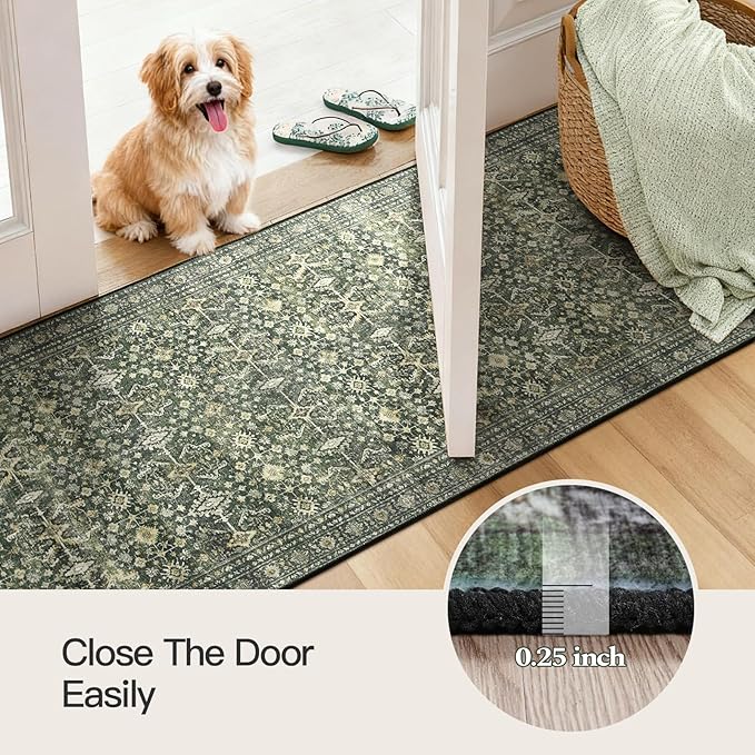 Lofus 2x10 Area Rug for Hallways,Green Washable Runner Rugs with Non Slip Rubber Backing, Low Pile Soft Carpet Runner for Kitchen Bathroom Bedroom Laundry