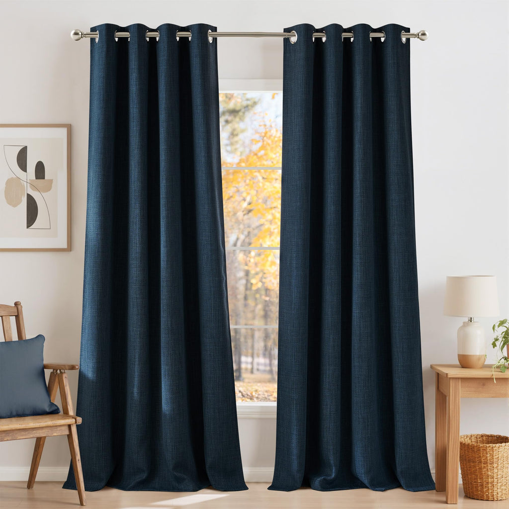 NICETOWN Faux Linen Navy Blue Blackout Curtains 84 inches Long for Living Room - Privacy Panels for Bedroom, Modern Farmhouse Style Easy Care Grommet Top, 2 Panels, W52 by L84
