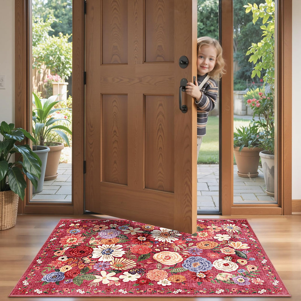 Babovid Red Floral Hallway Runner Rug 2x5 for Bedroom Kitchen