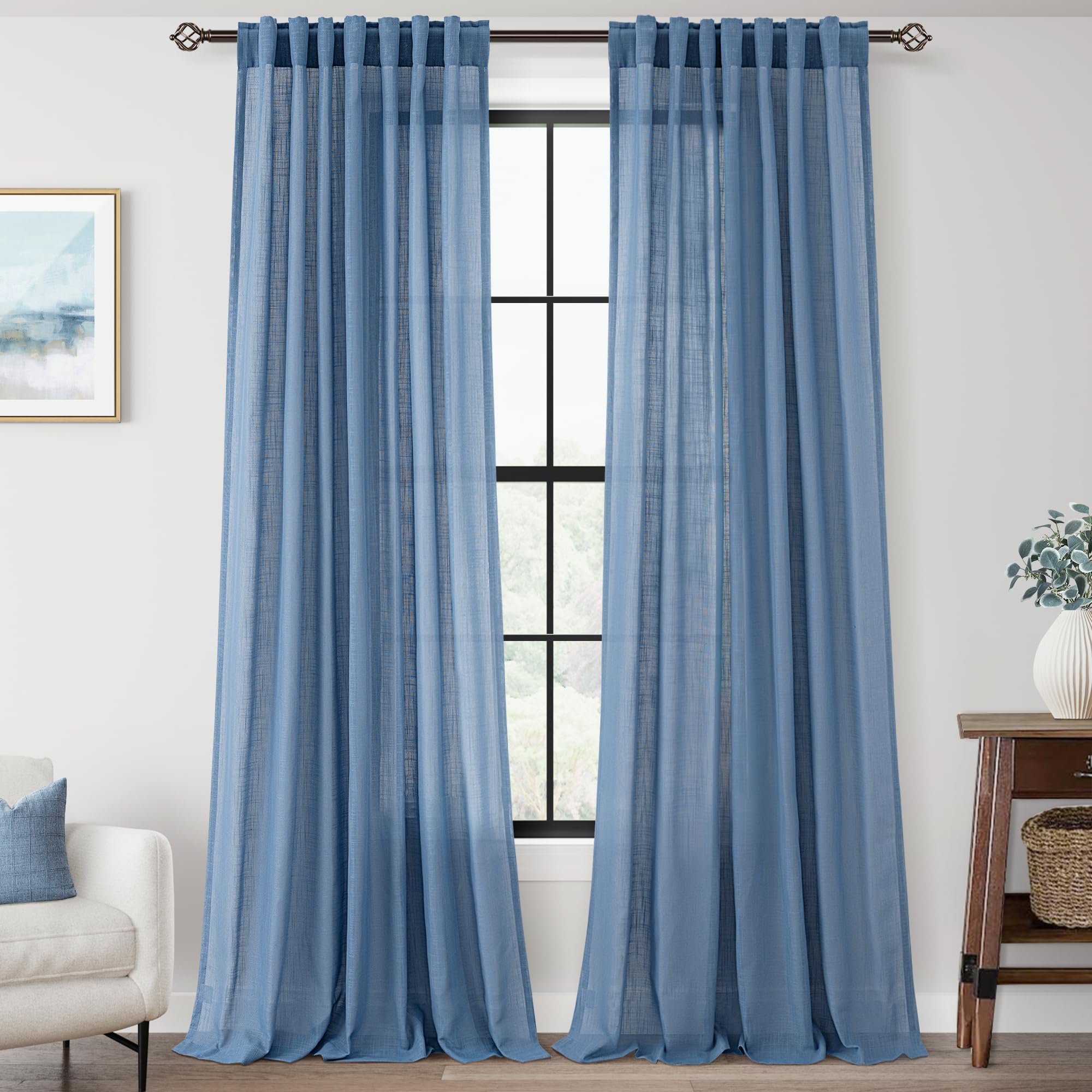 Jolilight Denim Blue Curtains for Living Room Back Tab Modern Farmhouse Semi Sheer Blue Curtains 102 inches Long 2 Panels Set Muted Neutral Window Curtain for Dining Room Bedroom 52x102