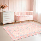 Hazo Haus Nursery Area Rug 4x6 - Pink Rugs for Girls Bedroom, Living Room - Washable Low Pile Non-Slip Charming Boho Vintage Traditional Oushak Design, Perfect for Kids Rooms