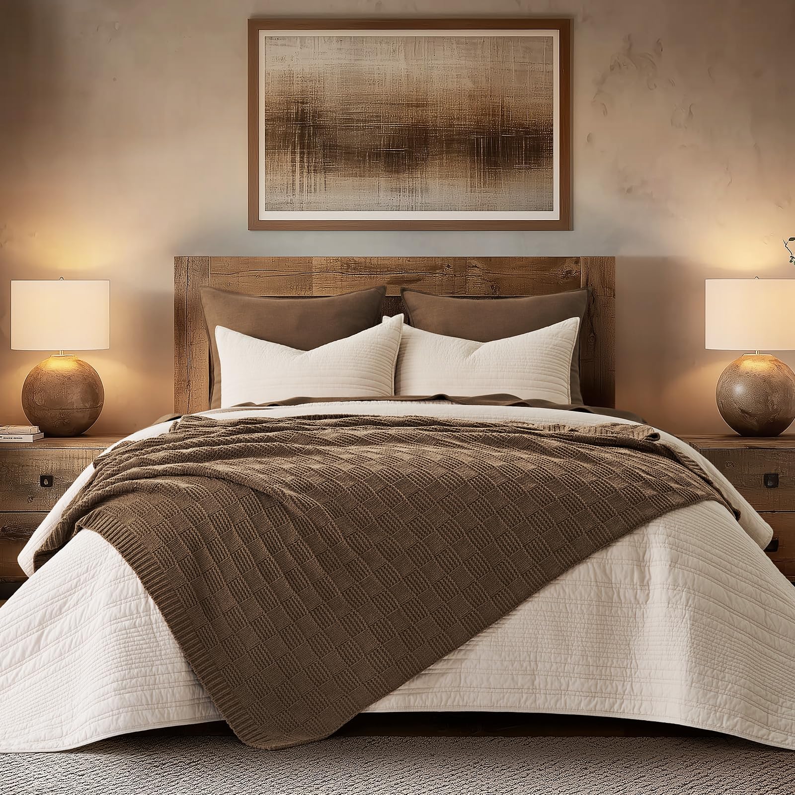 EVERGRACEHOME Modern Checkered Chenille Throw Blanket, 50x60, Camel Brown