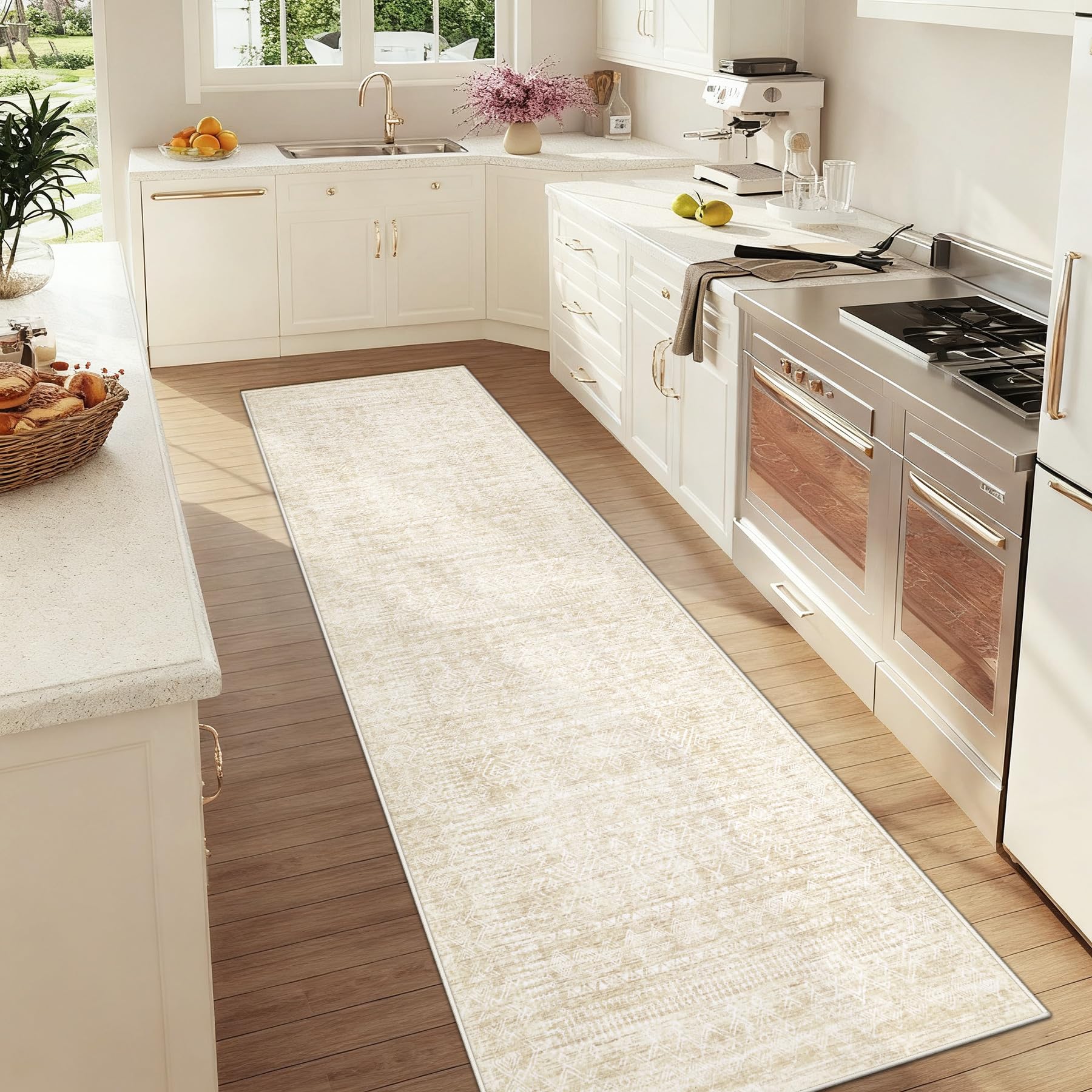 2x8 Washable Runner Rug: Moroccan Geometric Boho Rug Farmhouse Non Slip Stain Resistant Rugs Low Pile Soft Carpet for Porch Kitchen Laundry Room Living Room Bedroom (Beige,2'x8')