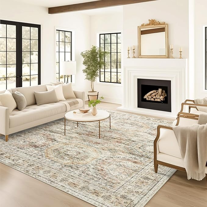 Soalmost 9x12 Area Rugs for Living Room Washable Rug Non-Slip Brown/Pink