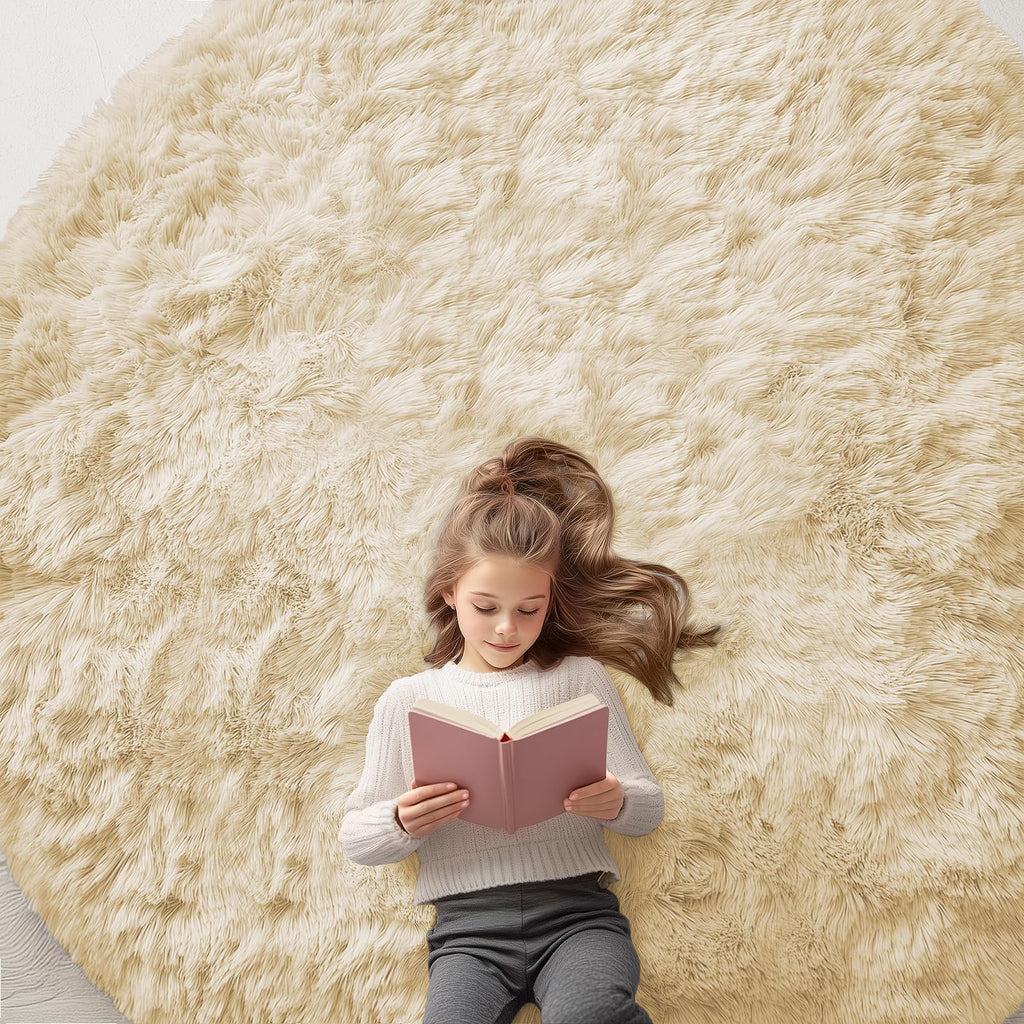OLANLY Cream Round Rugs for Bedroom - Machine Washable, 8 ft Circle Area Rugs for Living Room, Soft and Fluffy Shaggy Carpet for Teen Girl and Boys, Nursery Rooms, Dorms, Home Decor Aesthetic
