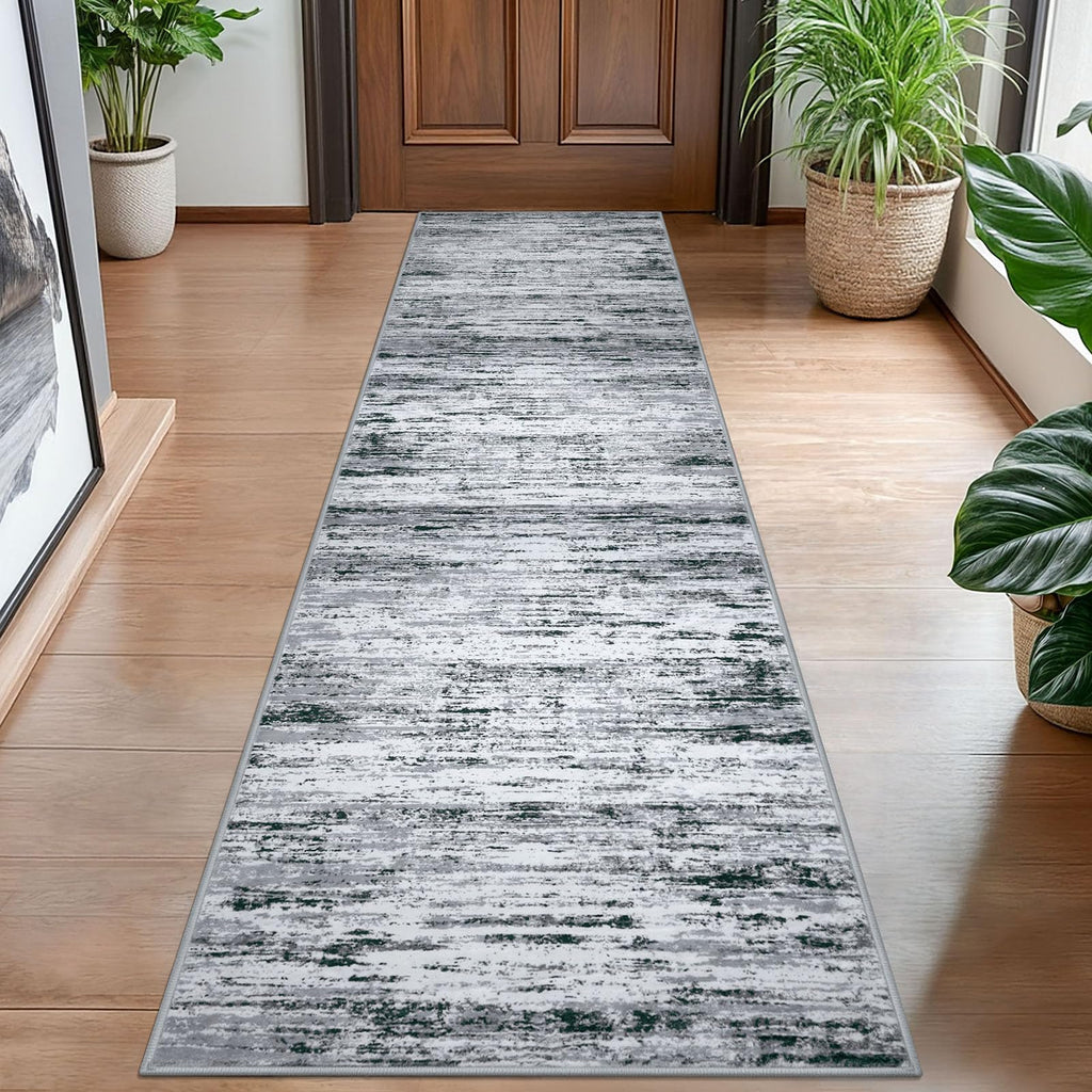 Lansny Modern Abstract Hallway Runner Rug, Black Grey White White Washable Kitchen Runner Non-Slip Soft 2x8 Runner Rug Thin Print Faux Wool Carpet for Entryway Bedroom Laundry Room Indoor Home Decor
