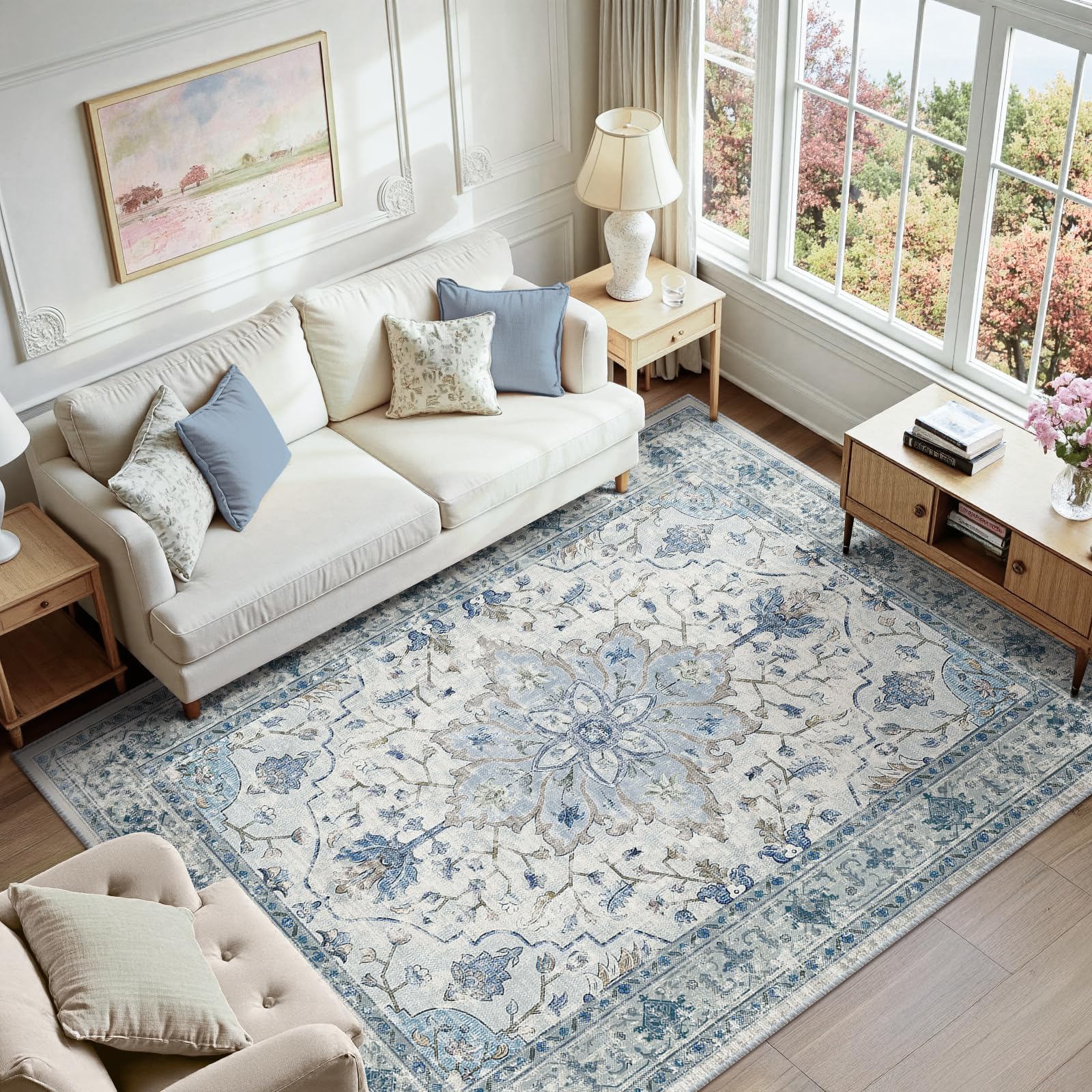 RELEANY Washable Area Rug, 6'x9', Blue/White/Gray