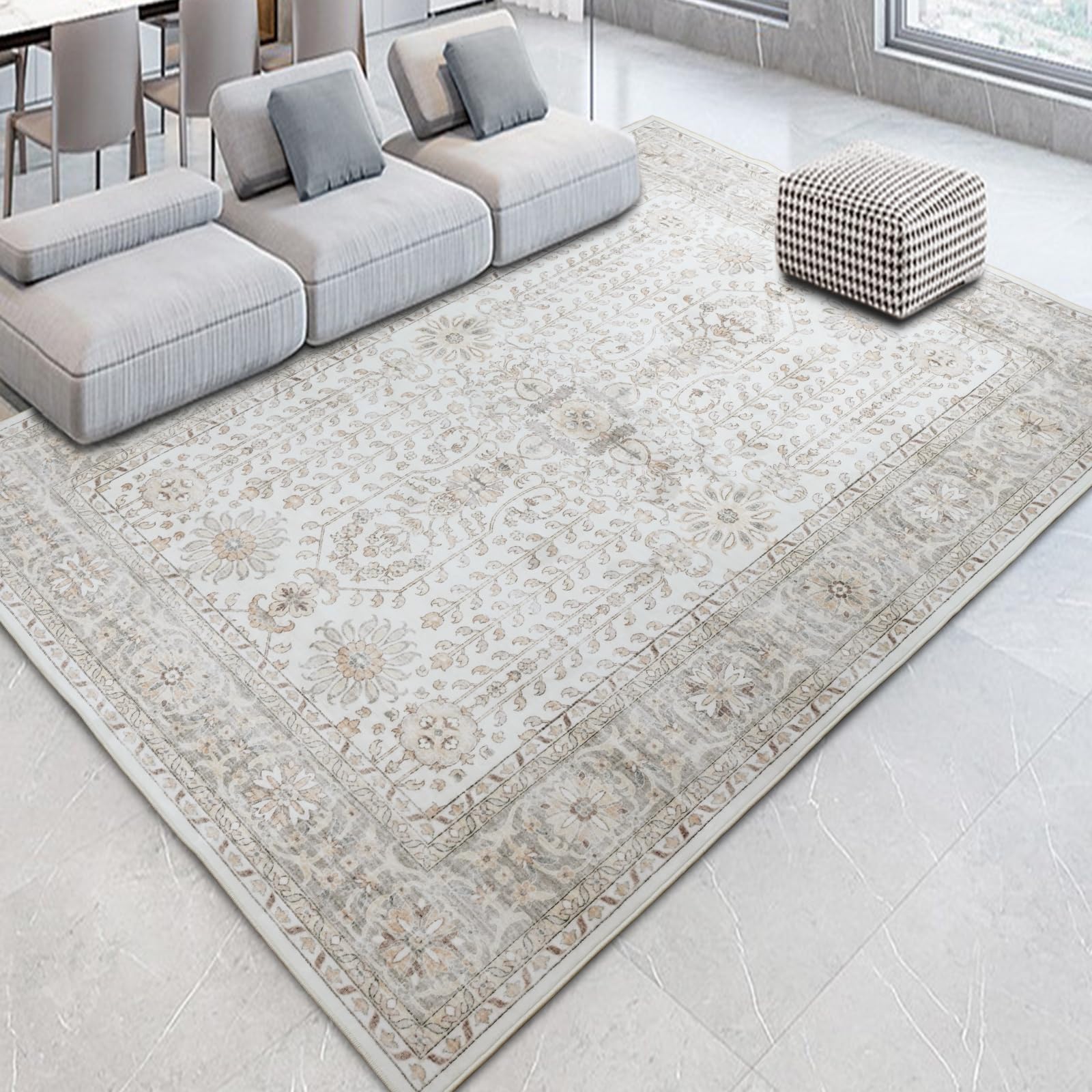 phonzenuo 7x9 Area Rugs for Living Room,Thin Washable Rug, Non-Slip Foldable Area Rug for Bedroom, Dining Room, Home Office, Cream