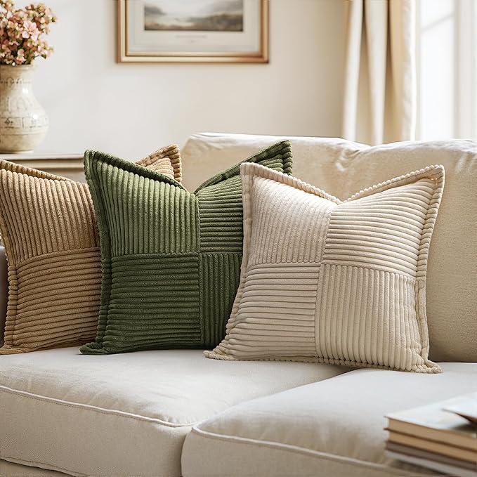 MIULEE Olive Green Corduroy Pillow Covers 16x16 Inch with Splicing Set of 2 Soft Boho Striped Pillow Covers Broadside Decorative Textured Summer Pillowcases for Couch Cushion Bed Livingroom