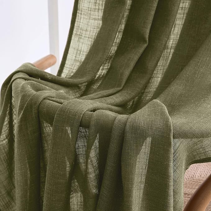 MIULEE Light Olive Green Linen Curtains 96 Inches Long 2 Panels for Bedroom Living Room, Soft Linen Textured Natural Window Drapes Semi Sheer Light Filtering Back Tab Rod Pocket Burlap Look Decor