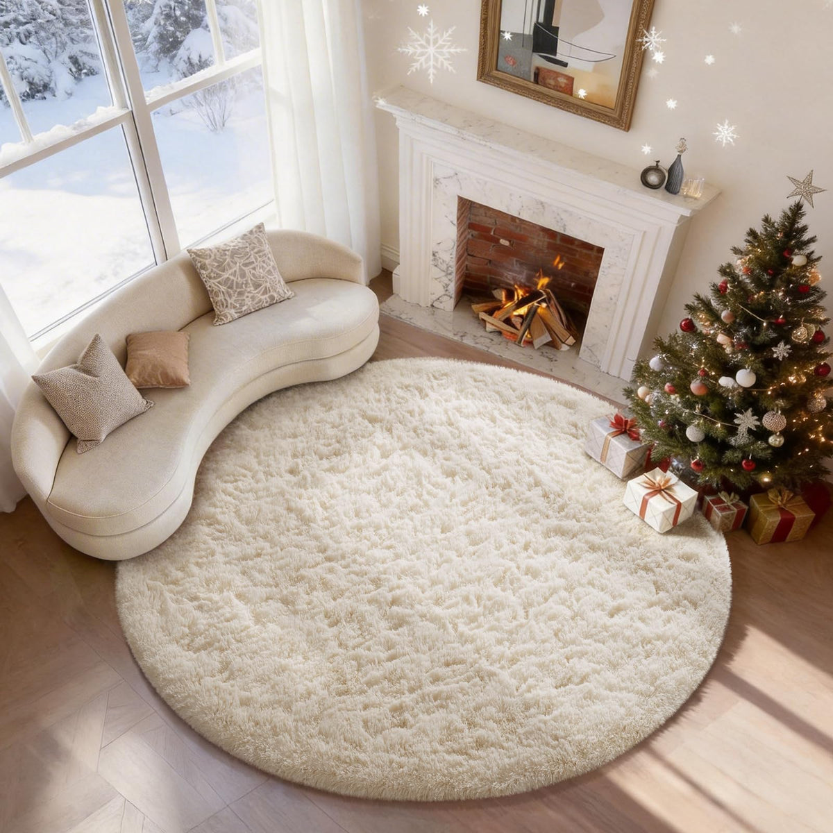 Ophanie Round Rug 5Ft White Circle Area Rug, Aesthetic Room Decor, Fluffy Fuzzy Bedroom Carpet, Plush Soft Shaggy Living Room Rugs for Kids Home Decor, Nursery with Over 99 pcs Pile fibers
