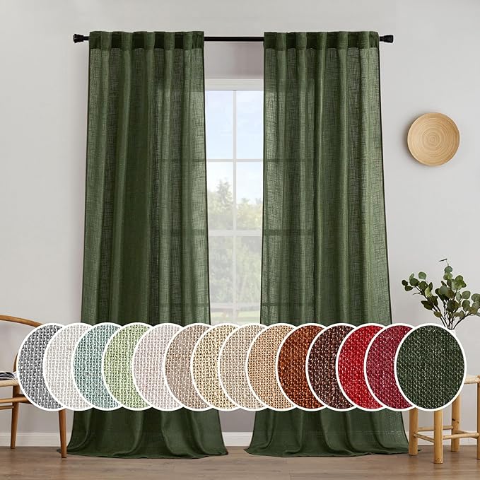 MIULEE Olive Green Linen Curtains 52x100 Inch Length 2 Panels for Bedroom