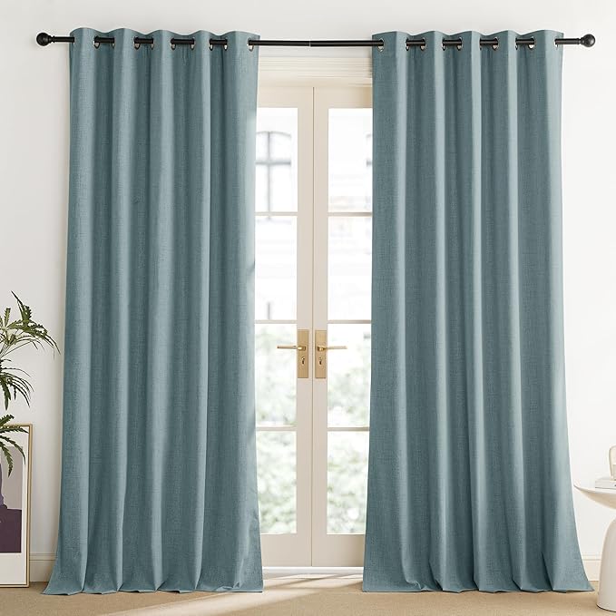 NICETOWN 100% Absolutely Blackout Linen Curtains with Thermal Insulated Liner, Skylark Blue, 62" Wide, 84" Length Energy Saving Curtains for Living Room 2 Panels Set, Vertical Blinds