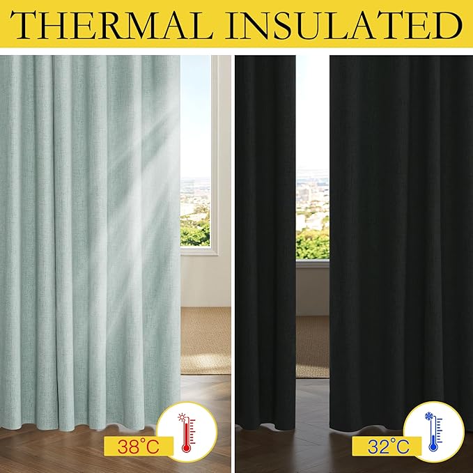 NICETOWN 100% Absolutely Blackout Linen Curtains with Thermal Insulated Grey Liner, Seafoam Green, 52 inches Wide, 63 inches Length Energy Saving Curtains for Bedroom 2 Panels Set, Vertical Blinds