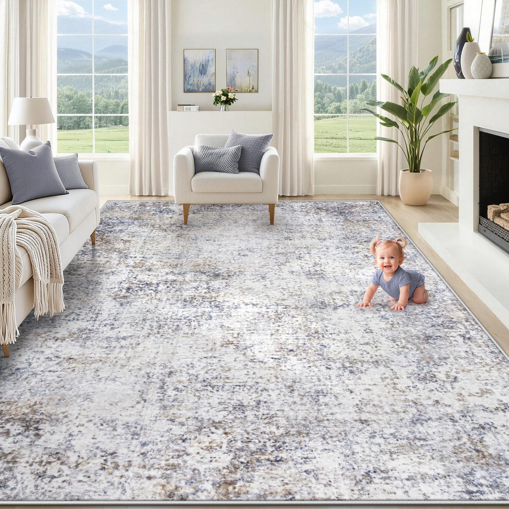 XLUEZ 8x10 Area Rugs for Living Room, Washable Modern Abstract Large Area Rug Neutral Soft Non Slip Kids Rug Stain Resistant Indoor Carpet for Bedroom Nursery Dining Room Playroom(Bluegrey, 8'x10')