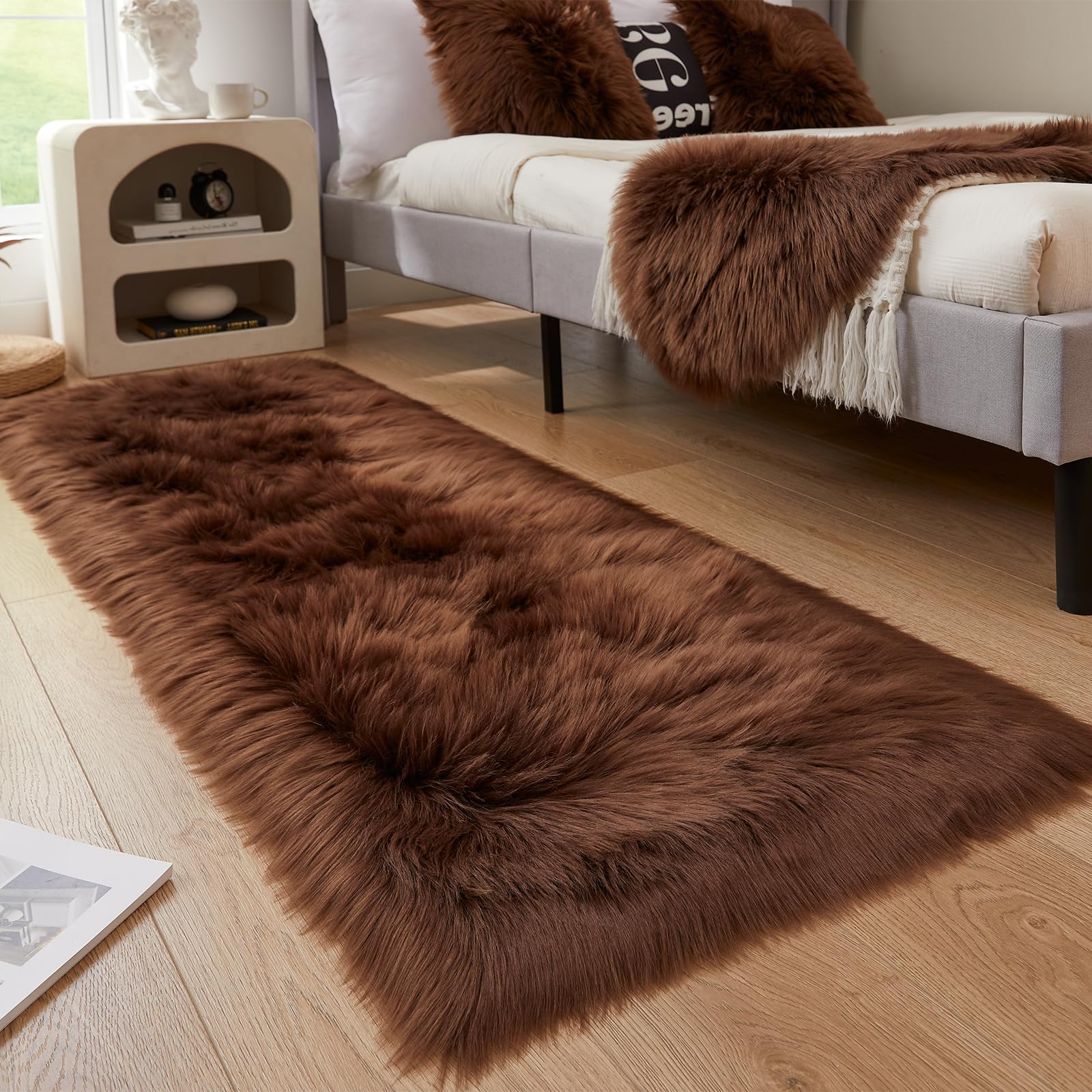 EasyJoy Ultra Soft Fluffy Rugs Faux Fur Rug Chair Cover Seat Pad Fuzzy Area Rug (2x6 ft Rectangle, Coffee)