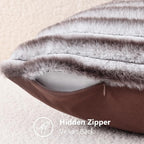 decorUhome Cozy Faux Fur Throw Pillow Covers 16x16 Set of 2 Decorative Soft Plush Striped Modern Farmhouse Boho Couch Pillow Cases with Velvet Back for Sofa Bed Living Room, Brown White