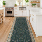 Hazo Haus Dark Green Kitchen Rug 10 ft Long - Modern Vintage Boho Unique Floral with Gold Accent, Washable Low Pile Non-Slip Extra Long Wide Runner Rugs for Hallway, 3x10