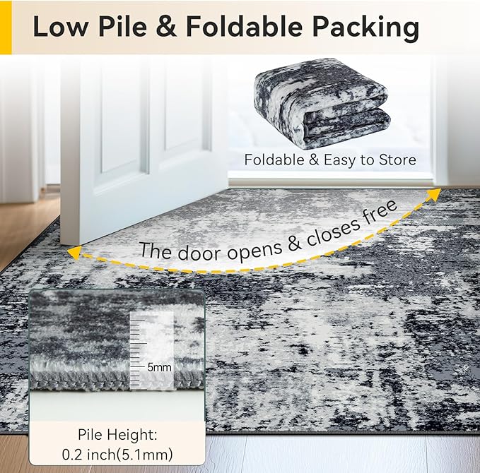 Washable Area Rugs 2'x6' Non-Slip Modern Abstract Soft for Living Room Entryway Bedroom Nursery, Print Pattern, Black Navy Blue Gray