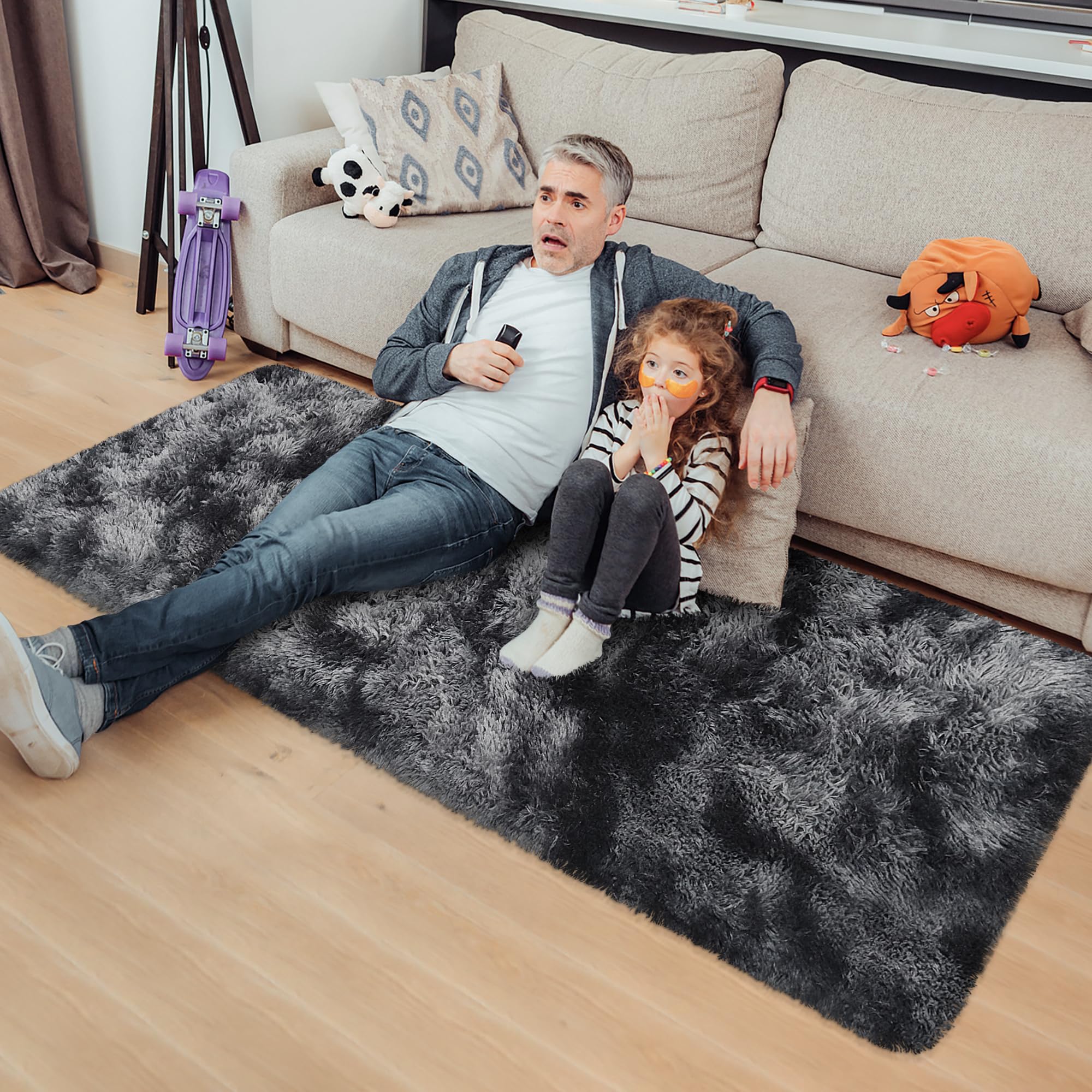 JiaoBaba Tie-Dyed Runner Rug for Bedroom Black Grey 2x5ft Fluffy Area Rug Bedside Runner Rug for Kids Room Boys Teens Nursery Baby Living Room Dorm Home Decor Carpets