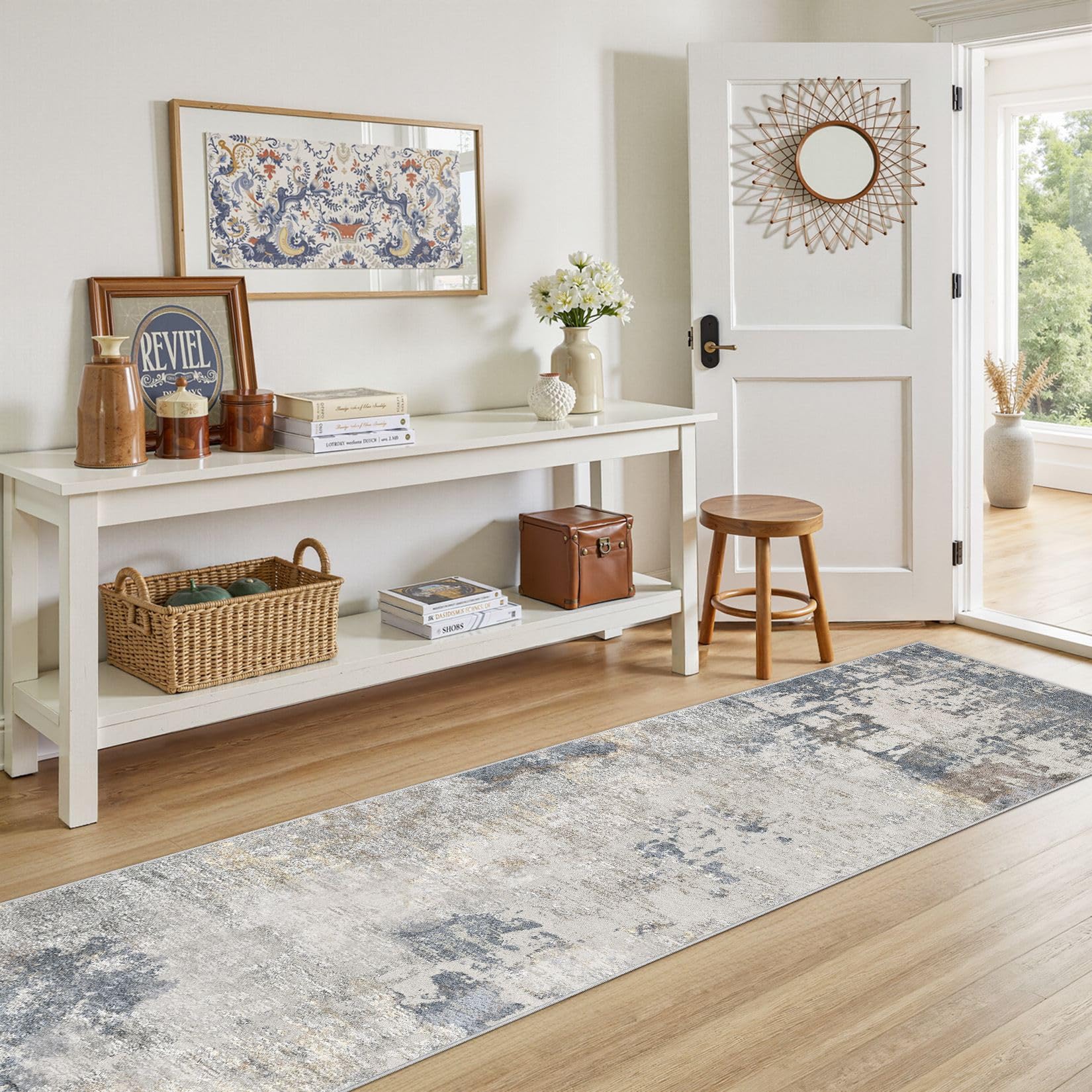 UERMEI 2x8 Washable Runner Rug for Hallway, Non Slip Low Pile Kitchen Carpet, Neutral Modern Abstract Indoor Floor Mat for Entryway Laundry, Kid & Pet Safe High Traffic Area, Blue Grey