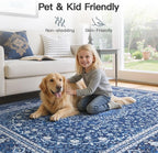 Lofus 8x10 Area Rugs for Living Room, Machine Washable Non-Slip Area Rug, Low Pile Large Rugs for Bedroom, Kitchen, Dining Room, Home Office, Vintage Oriental Print Rug, Dark Blue with White