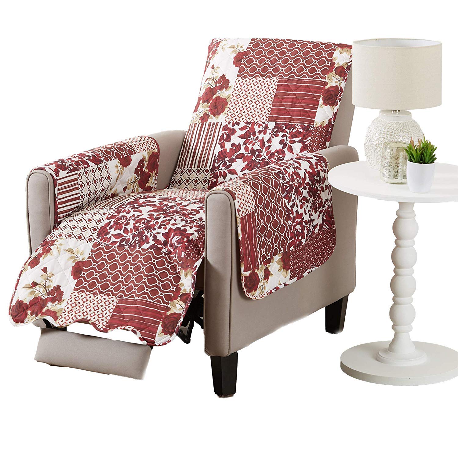 Great Bay Home Reversible Patchwork Recliner Cover - Washable Slipcover Furniture Protector with Elastic Straps - Perfect for Kids & Pets - Box-Stitched Detail (Burgundy)