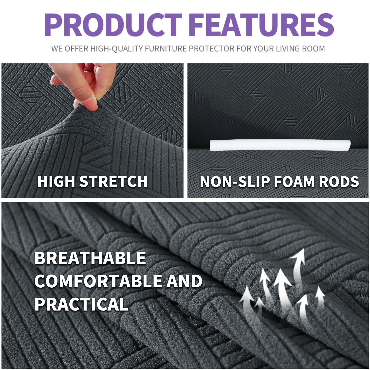 ZNSAYOTX Super Stretch Couch Cover (72"-92"), New Striped Sofa Covers Fitted Slipcovers with Elastic Bottom, Dog Cat Pets Proof Spandex Fabric Comfortable & Durable (Dark Grey, Sofa)