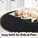 Black Small Round Rug 3Ft for Bedroom, Fluffy Circle Area Rugs for Living Room Decor Aesthetic, Shaggy Furry Circular Floor Carpet for Office Playroom Nursery Classroom, Modern Baby Kid Teen Boy Rug