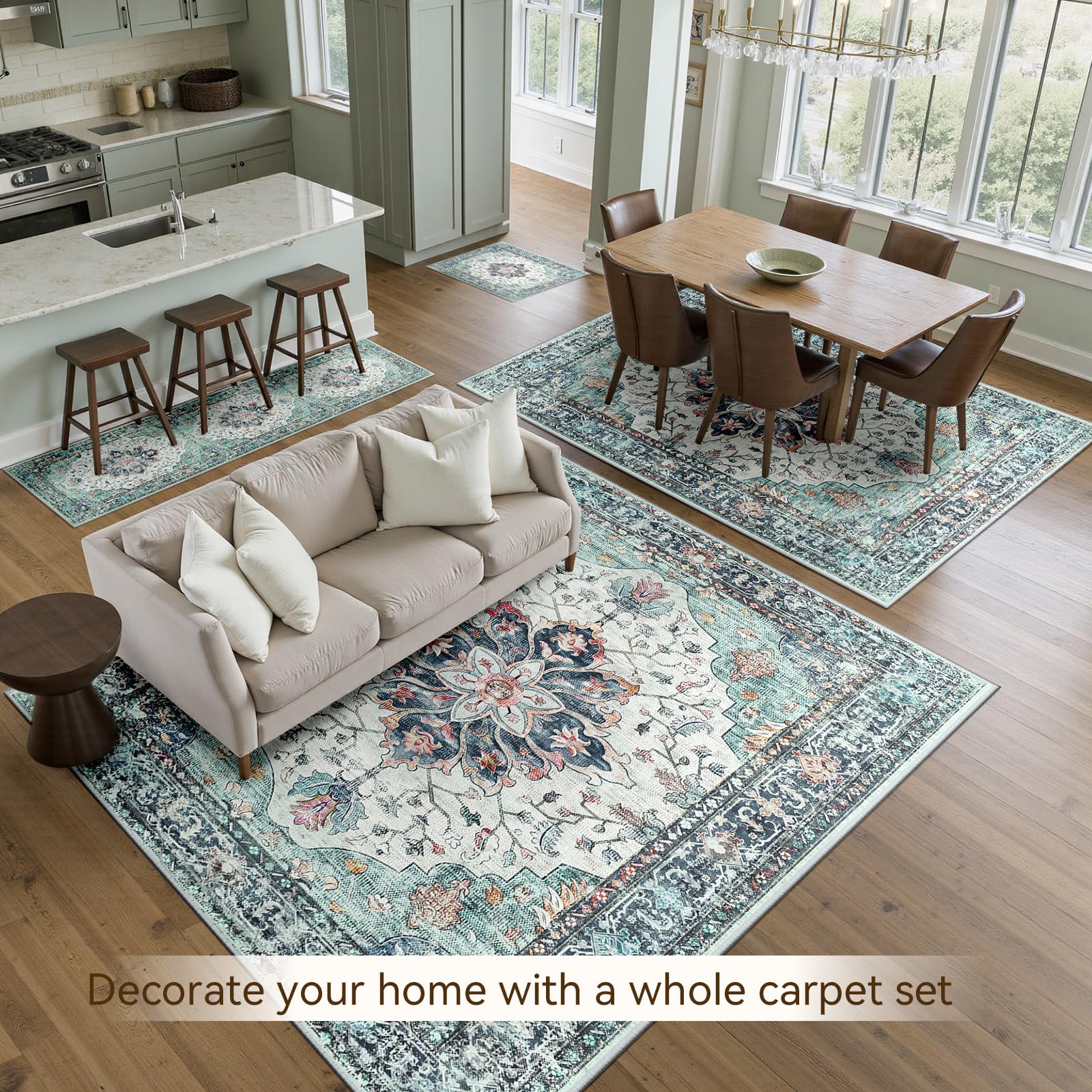 RELEANY Washable Area Rug, 8'x10', Teal Green/White/Navy