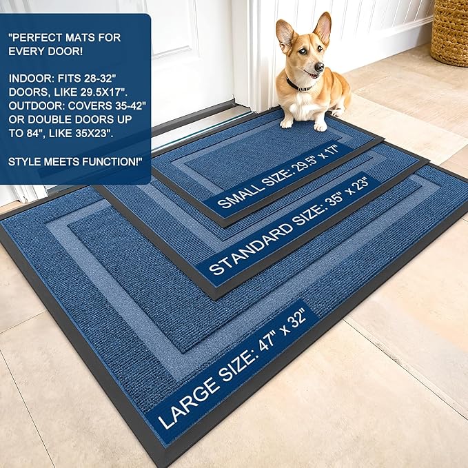OLANLY Front Door Mat Indoor Outdoor Entrance, Waterproof All-Season, All-Weather Doormat, Sturdy Natural Rubber, Fade Resistant, Low Profile, Easy Clean Patio Porch Entryway Mat, 29.5x17, Light Blue