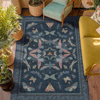 5x7 Navy Blue Boho Rugs for Living Room, Stain Resistant Non Slip Area Rug for Dining Room, Whimsical Bedroom Insect Carpet, Dark Vintage Décor Indoor, Low Pile & Soft