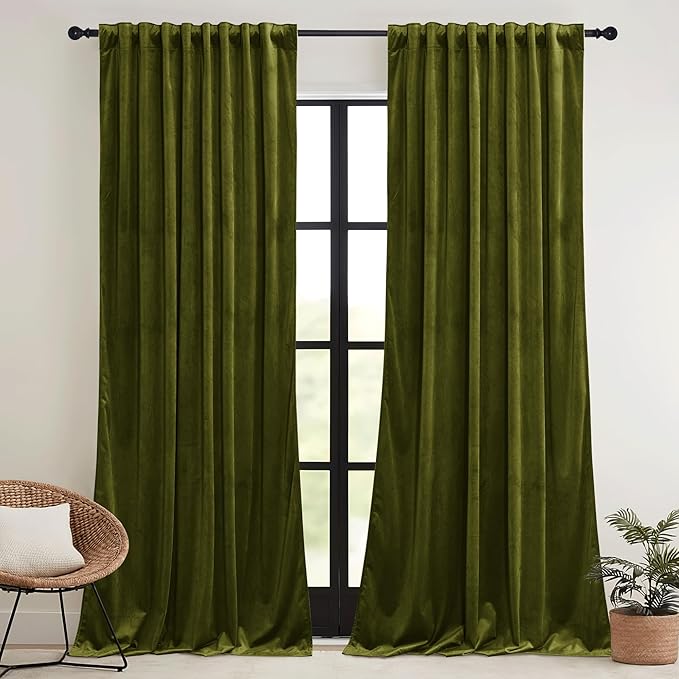 RYB HOME Moss Green Velvet Curtains 84 inches, Luxury and Soft Velvet Fabric, Spring Summer Decorative Curtains & Drapes for Patio Doory Room Window, W 52 x L 84 inches, 2 Panels Set