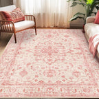 RELEANY Area Rugs 5'x7' Washable Non-Slip, Floral Vintage Distress Print Pattern Medallion Carpet for Living Room Bedroom Dining Room, Pink Light Vintage Pink
