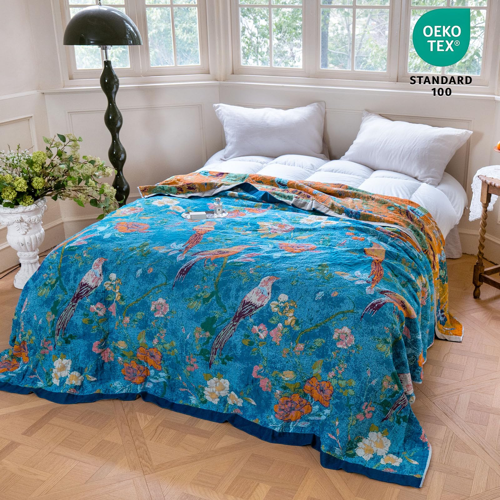 MSGKV Boho Throw Blanket 50"x60" 100% Cotton Floral Bird Throw for Couch