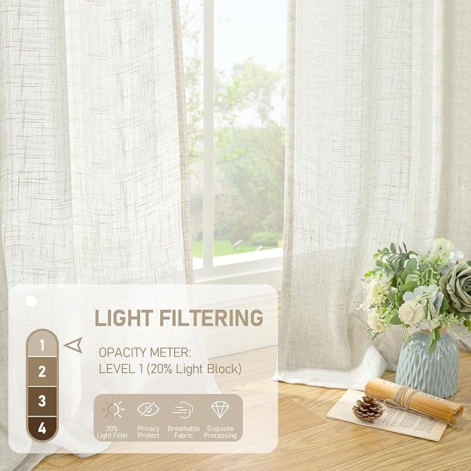 LAMIT 108 inch Linen Curtains for Living Room, Back Tab and Rod Pocket Cream Ivory Extra Long Curtains Light Filtering Neutral Drapes for Large Window, 2 Panels,52 x 108 Inch, 9FT, Natural