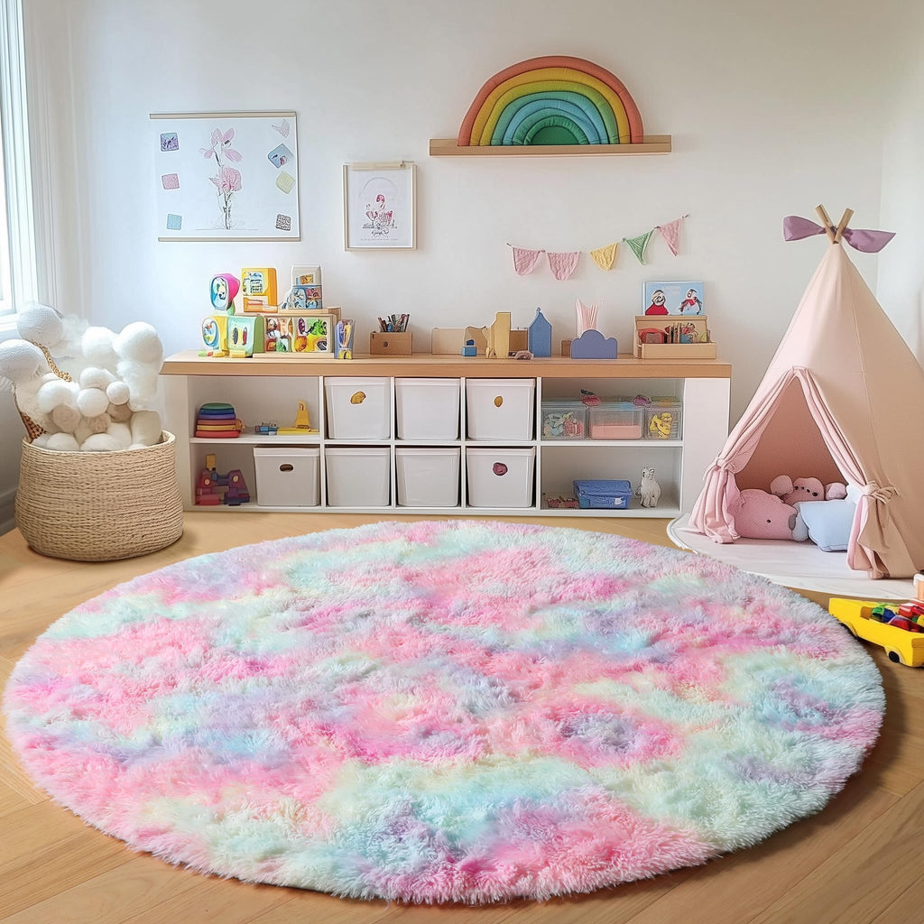 ONASAR Rainbow Round Area Rug 4ft, Soft Bedroom Circle Rugs Mats for Kids Girls Teen Room, Kawaii Fluffy Plush Shaggy Carpet for Baby Nursery Living Room Playroom Home Decor Princess Castle