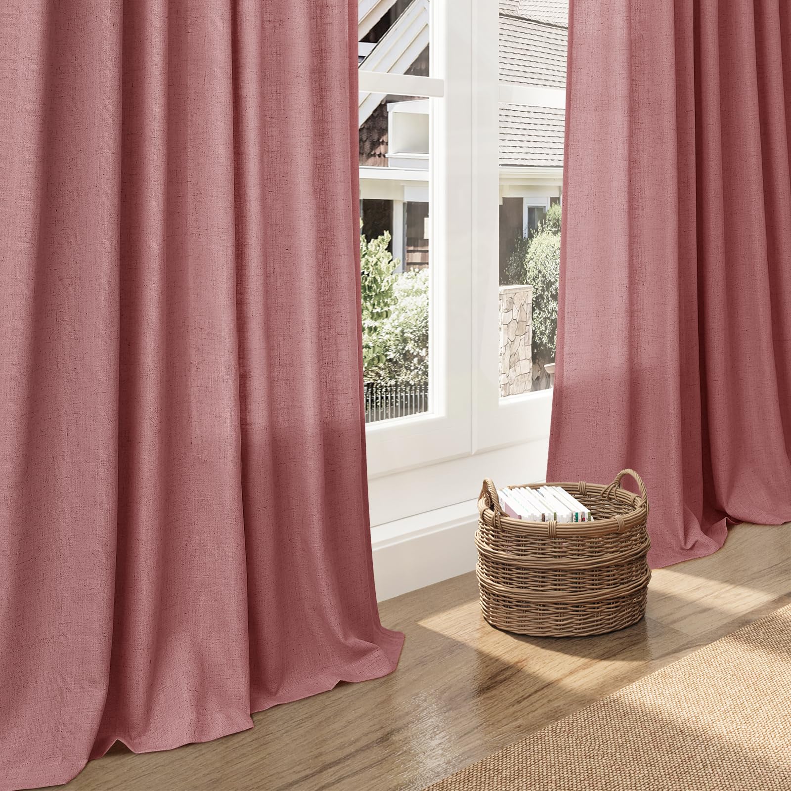 Canyon Rose Linen Curtains 102 Inches Long Rod Pocket Back Tab Drapes 2 Panels Set for Living Room Sheer Light Filtering Semi Sheer Dusty Rose Curtain 102 Length for Patio Sliding Glass Door 52x102