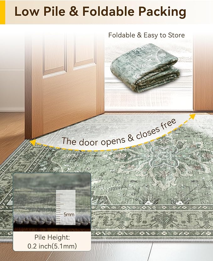RELEANY Washable Area Rug, Runner 3'x8', Green/Dark Green/Gray