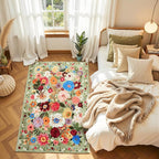 Floral Machine Washable Rug Green, 3x5 Rug Non Slip Soft Bedroom Rugs for Entryway Dorm, Ultra-Thin Rugs for Bedroom Stain Resistan(3 x 5, Green Garden)