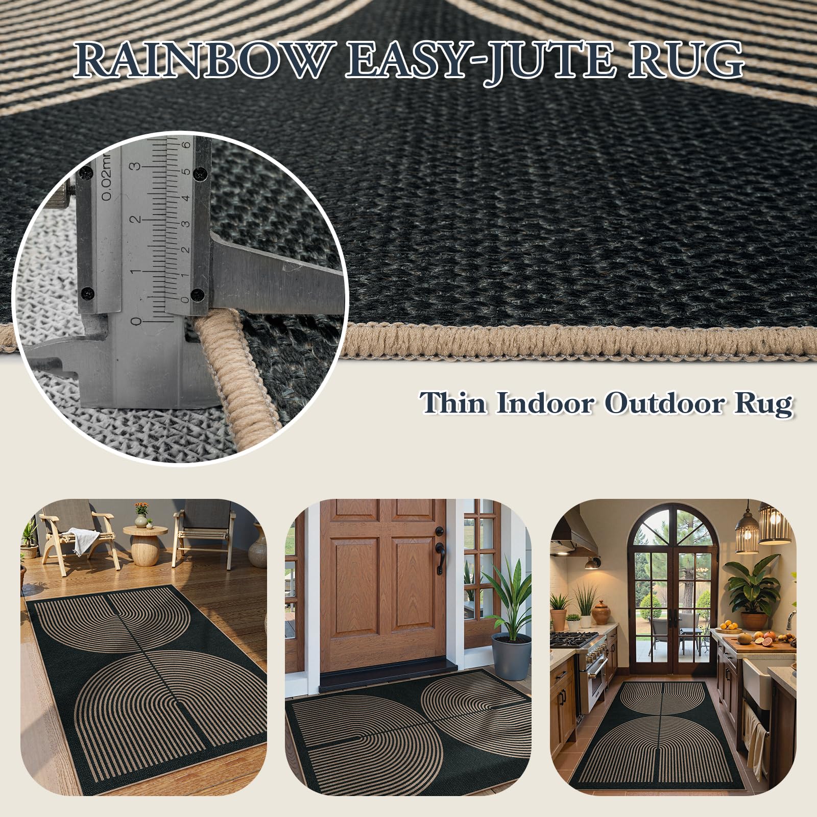 Lahome Modern Rainbow Easy Jute Outdoor Patio Rug, 3x5 Black Office Rug