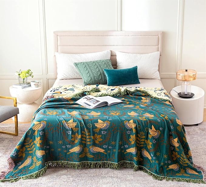 MSGKV Boho Throw Blanket 60"x80" 100% Cotton Bird Quilt for Bed & Couch