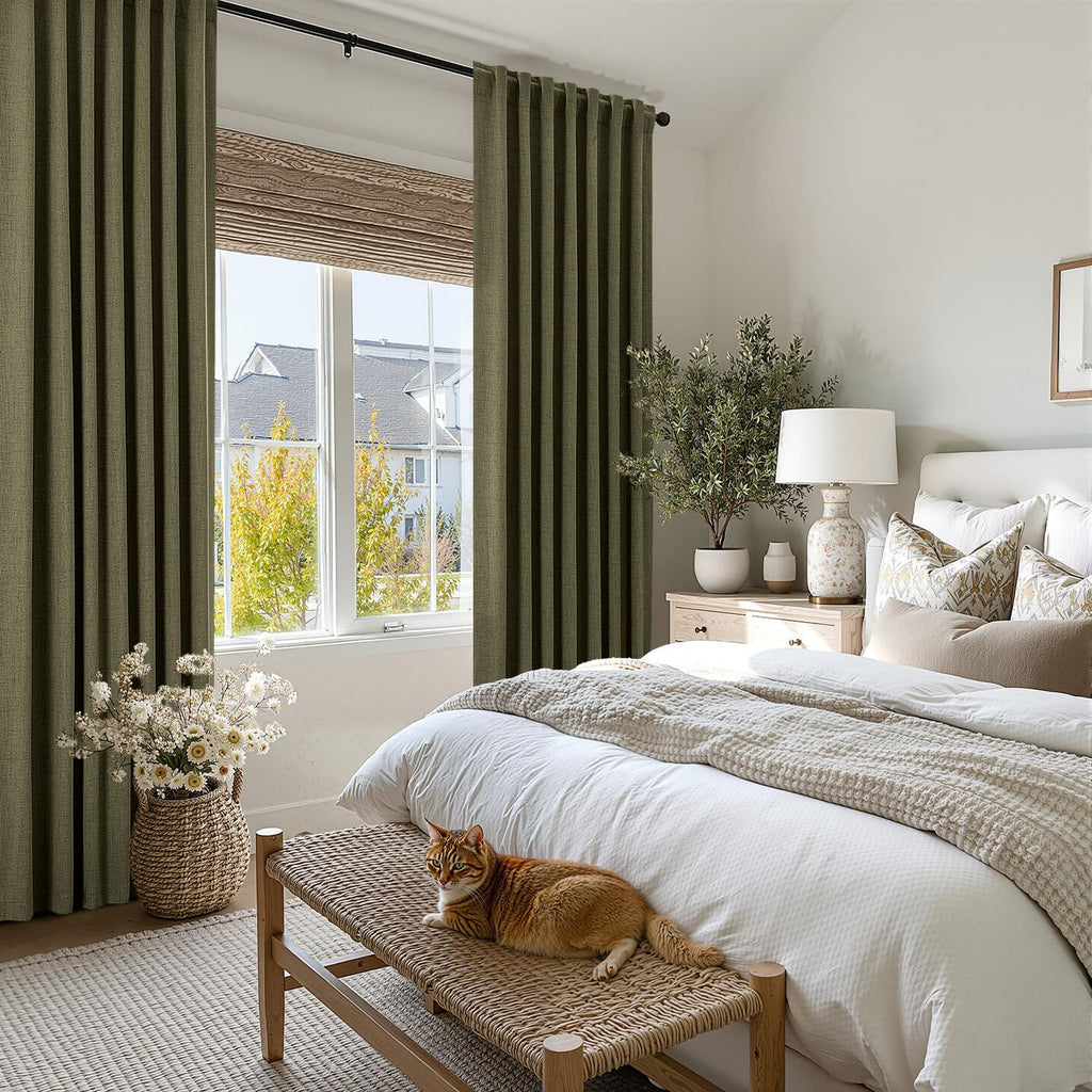 MIULEE 100% Blackout Linen Curtains 42 x 63 Inch Light Olive Green 2 Panels