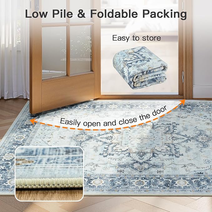 Lofus 9x12 Area Rugs for Living Room, Machine Washable Non-Slip Area Rug, Low Pile Large Rugs for Bedroom, Kitchen, Dining Room, Home Office, Vintage Oriental Print Rug, Blue Gold